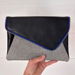 Halogen "Date Night" Asymmetrical Flap Clutch Black Leather